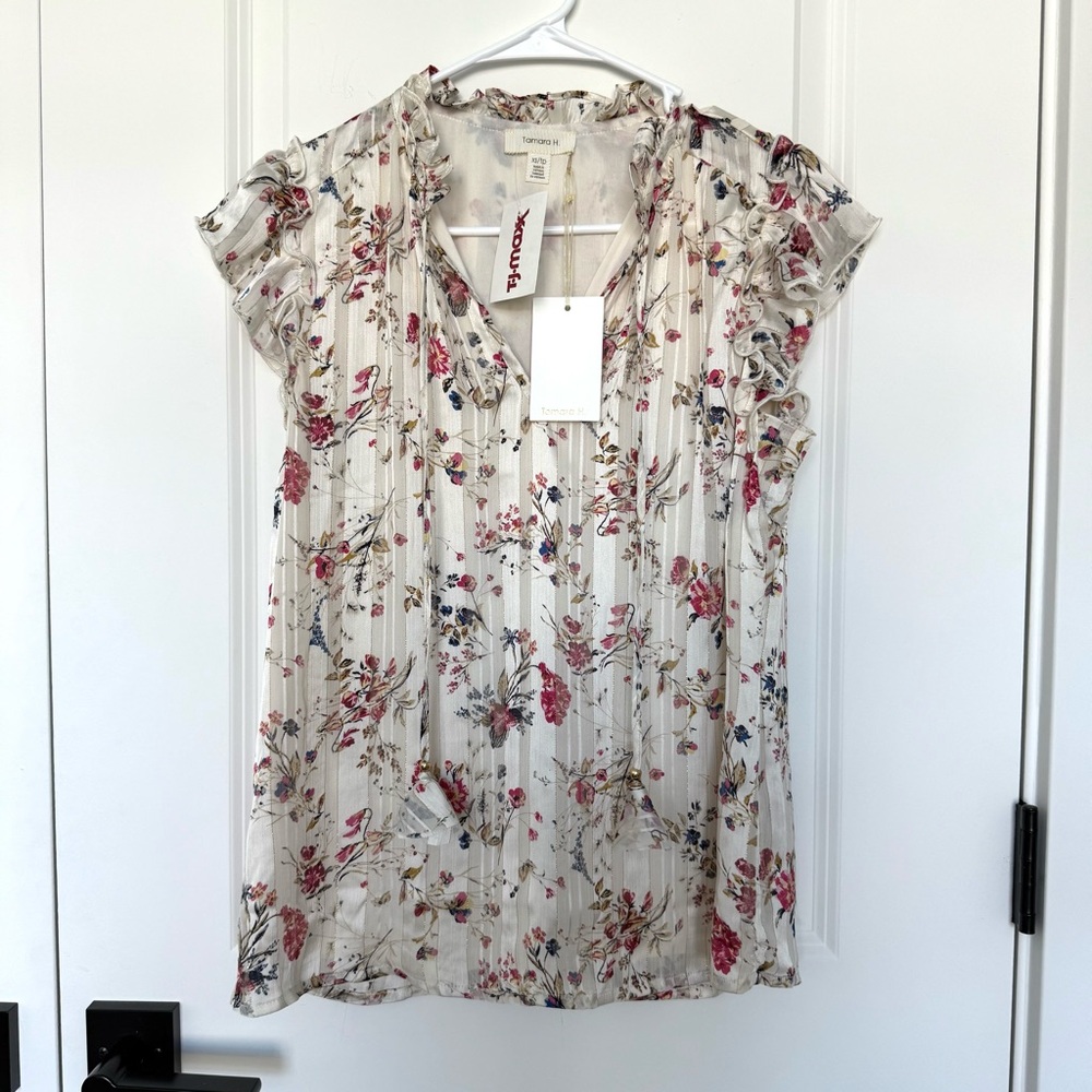 Cream Floral Blouse with Ruffle Sleeves